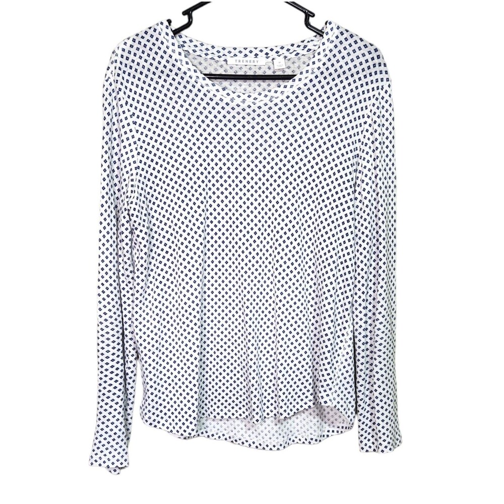 Trenery Size Medium  White and Blue Long Sleeve Linen Nylon Womens Top Shirt